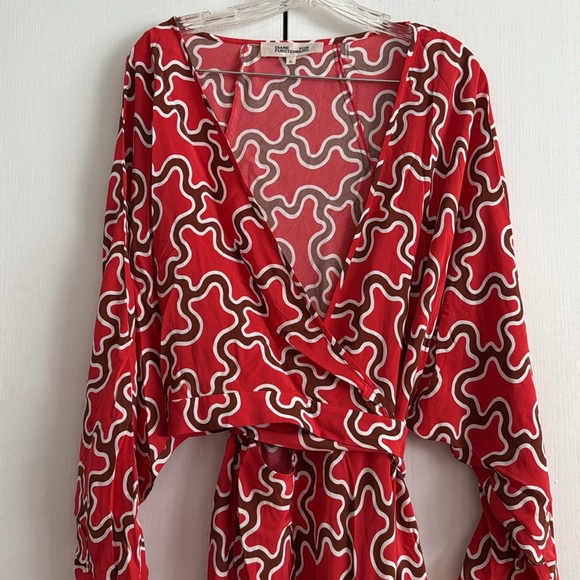 Diane Von Furstenberg Eloise Red Wrap Long Sleeve Midi Dress Asymmetrical Sz. XL - Picture 6 of 13
